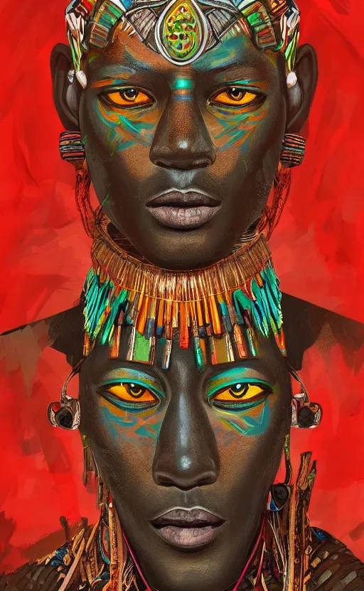 Prompt: upper half portrait digital painting of retro futuristic african tribal chief - embellished with vegetation and iridescent crystals, art by stanley artgem lau, highly detailed, digital painting, concept art, illustration, smooth sharp focus, intricate, symmetry, artstation, colourful,