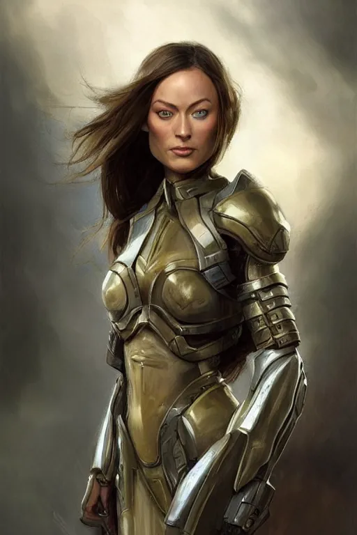 Image similar to a professional painting of a young Olivia Wilde, clothes in military armor, olive skin, long dark hair, beautiful bone structure, symmetrical facial features, intricate, elegant, digital painting, concept art, smooth, sharp focus, illustration, from StarCraft by Ruan Jia and Mandy Jurgens and Artgerm and William-Adolphe Bouguerea