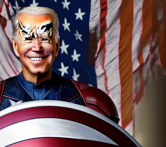 Image similar to joe Biden wearing a captain America costume, photorealistic, highly detailed, cinematic, dramatic lighting