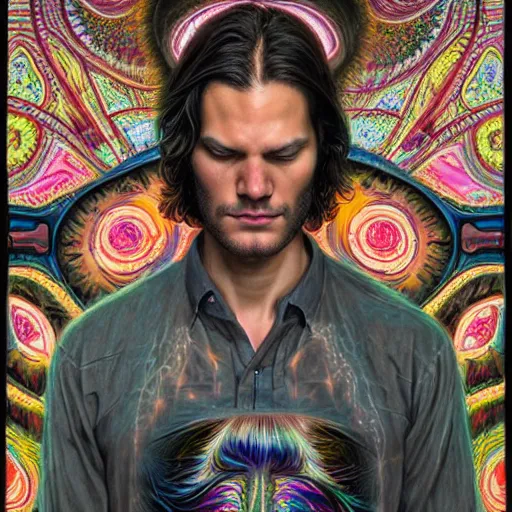 Image similar to portrait of jared padalecki, hyper detailed masterpiece, neon floral pattern, jean giraud, digital art painting, darkwave goth aesthetic, psychedelic, artgerm, donato giancola and tom bagshaw