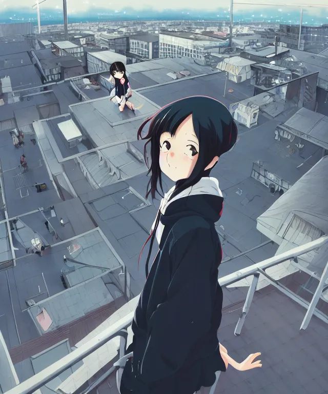 Prompt: anime visual, portrait of a young black haired girl wearing hoodie sightseeing above the urban city, on the school rooftop, guardrail, cute face by yoh yoshinari, katsura masakazu, dramatic lighting, dynamic pose, dynamic perspective, strong silhouette, ilya kuvshinov, moody, detailed