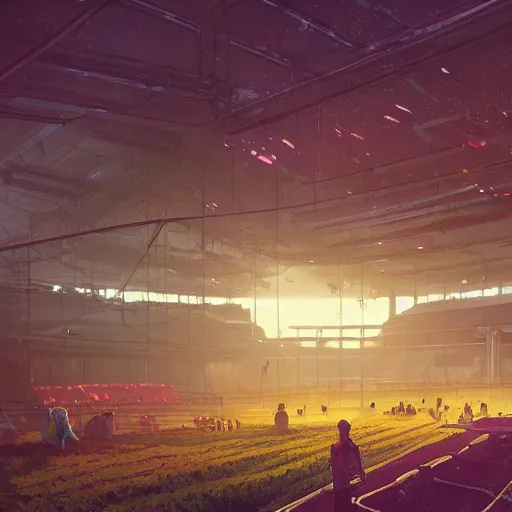 Image similar to a farm inside of a stadium, Simon Stalenhag, Wadim Kashin, solarpunk, 4K, cinematic