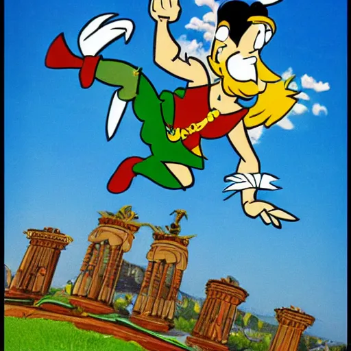 Prompt: caesar, roma, flying, old cartoon asterix style