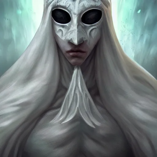 Image similar to a hyper realistic and detailed portrait of zum the planeswalker wearing a white marble mask, focus on face, mystic, mysterious, merchant collector, 8k, no skin, black eyes, trending on artstation, fog, masterpiece, in the style of Hou China