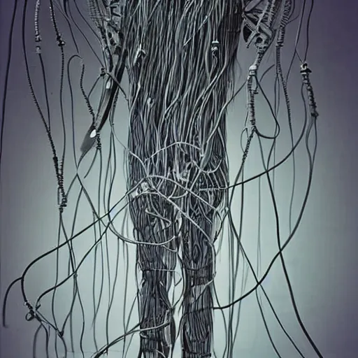 Prompt: hundreds of cables attached to human appendages, brainwash fief of the lobotomized god