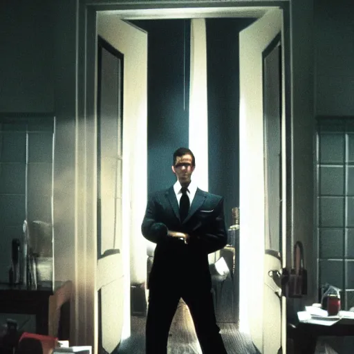 Image similar to Anthromorphic dragon man in the American Psycho (2000), doing the Bateman stare, cinematic still, 4K Bluray
