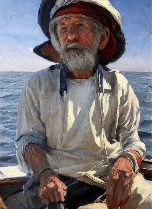 Prompt: a highly detailed old sailor portraitin a boat, by gregory manchess, james gurney, james jean