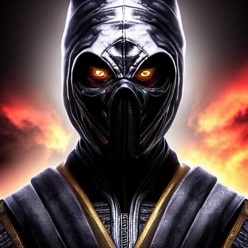 Image similar to a portrait of a Noob saibot mortal Kombat ,Grim fantasy, Mortal Kombat 11, HDR, natural light, shoulder level shot, dynamic pose, award winning photograph, Mucha style ,8k,