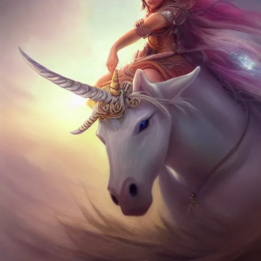 Prompt: A digital intricate illustration concept art of closeup portrait of a very beautiful goddess riding a unicorn by Renato muccillo and Andreas Rocha and Johanna Rupprecht + sharp focus + beautiful eyes + dofus colors, wakfu colors + symmetry + natural volumetric lighting, realistic 4k octane beautifully detailed render, 4k post-processing, intricate complexity, epic composition, magical atmosphere, highly detailed, cinematic lighting + masterpiece, trending on artstation + symmetry