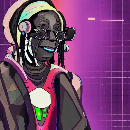 Image similar to cyberpunk robotic whoopi goldberg, sharp lines, digital, artstation, colored in