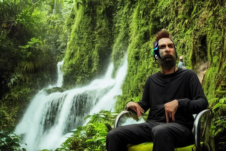 Image similar to movie closeup young man with a grey beard in a cyberpunk suit sitting on a futuristic chair at the edge of a jungle waterfall by emmanuel lubezki