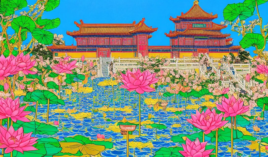 Image similar to detailed close - up image of magnificent chinese palace with a garden and a lotus pond, pop - art style, jacky tsai style, andy warhol style, roy lichtenstein style, rich palette, acrylic on canvas