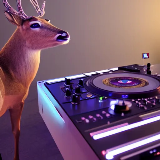 Prompt: “a deer dj behind the turntables octane render hyperrealism, dynamic lighting 8k”