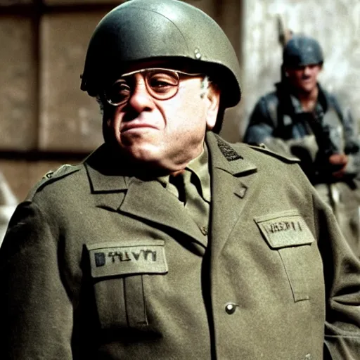 Image similar to Danny Devito as a soldier in a movie directed by Christopher Nolan, movie still frame, promotional image, imax 70 mm footage