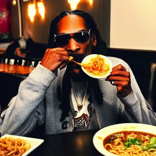 Image similar to Snoop Dog eating ramen in a restaurant