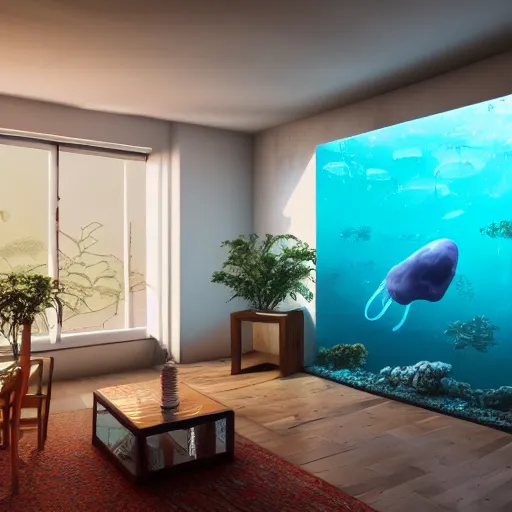 Image similar to photo of the modern room as aquarium with a big jellyfish and corals, realistic colors, realistic shadows, daylight made in blender, 3 d by beeple and damian hirst