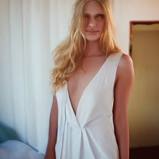 Prompt: full body photograph of an extremely beautiful young woman, like a supermodel, wavy tinted blonde hair, slight smile, natural light, venice hotel room during golden hour, gorgeous plunge neck dress, artistic photoshoot