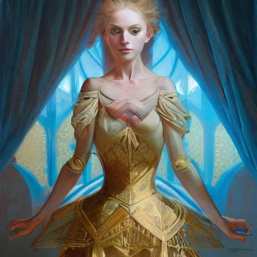 Image similar to hyperdetailed robotic ballerina with blue human eyes, human eyes, symetry, golden ratio, intricate, detailed, volumetric lighting, scenery, digital painting, highly detailed, artstation, sharp focus, illustration, artstation, art by artgerm and greg rutkowski and alphonse mucha