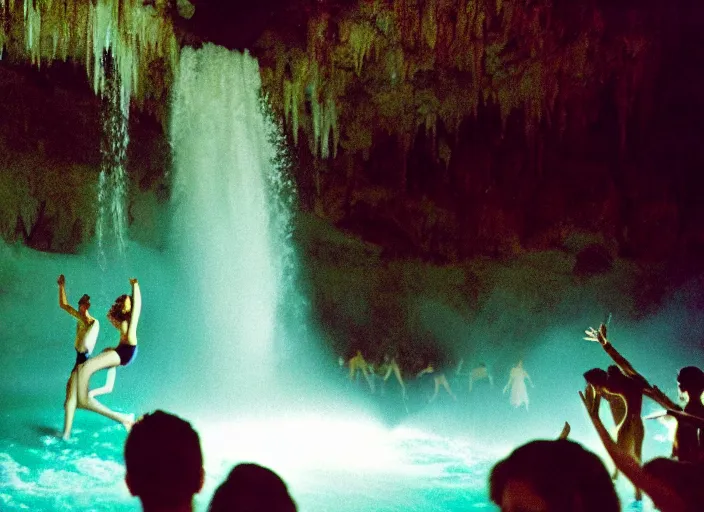 Prompt: people dancing under a waterfall highly detailed sharp zeiss lens 3 5 mm kodachrome film masterpiece ryan mcginley moonmilk cave with blue ambient lighting