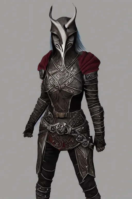 Prompt: female adventurer in tight full - body leather armor of dunmer design with white porcelain crow mask, trending in artstation, establishing shot