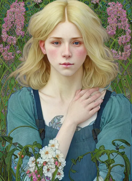 Image similar to pretty young man with shoulder length blond hair, half body shot, emotional, decorative flower patterned background, path traced, highly detailed, high quality, digital painting, by studio ghibli and alphonse mucha, leesha hannigan, hidari, disney, jules bastien - lepage, art nouveau, martine johanna, android jones