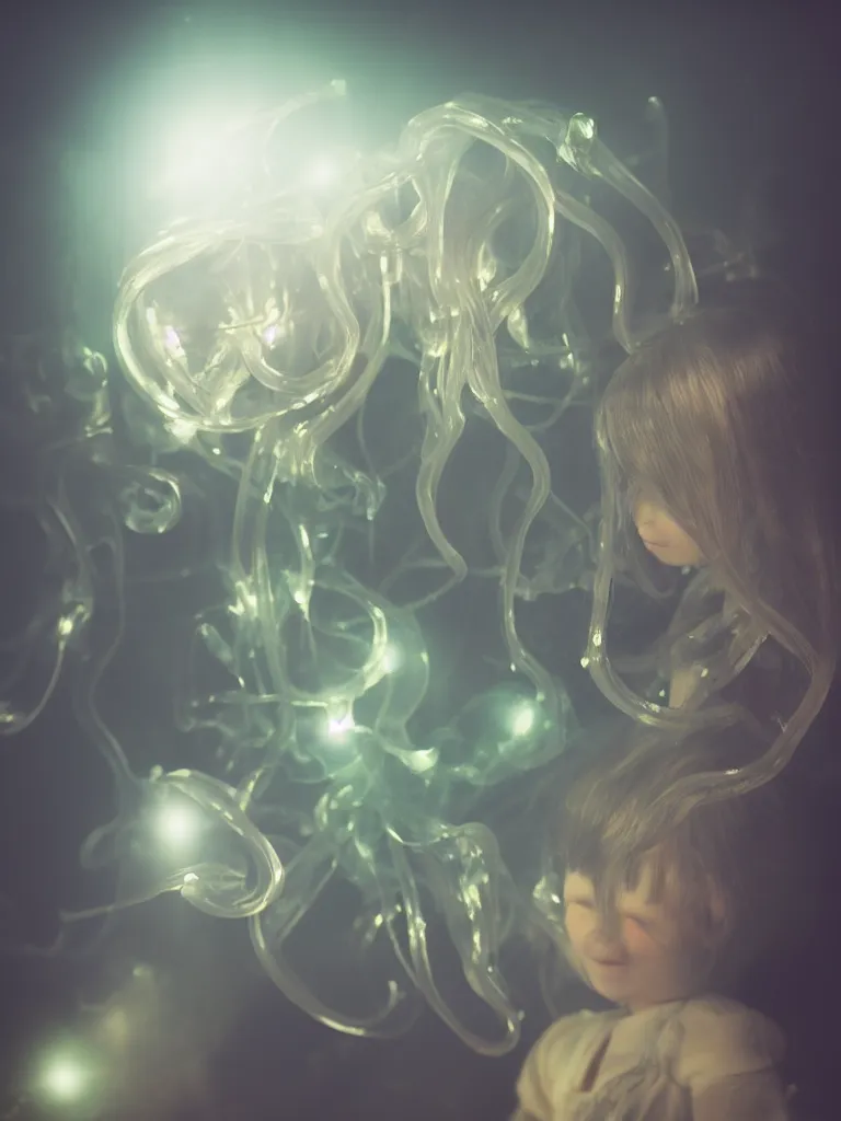 Image similar to cute fumo plush smiling ectoplasmic gothic macabre shiny jellyfish ghost girl, glowing wisps of hazy smoke, lens flare, vignette, bokeh, refraction, vray