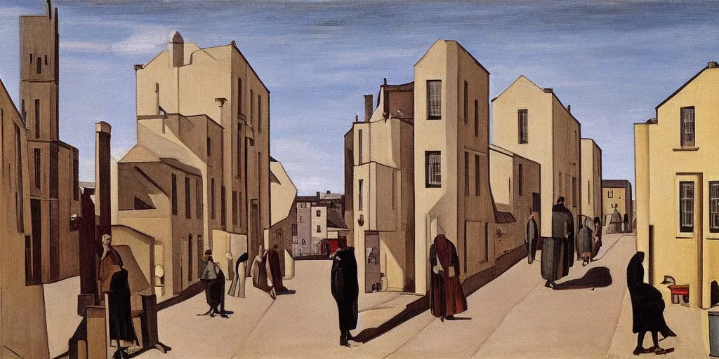 Image similar to a painting of street life in kirkwall, orkney, people,houses, by Giorgio de Chirico