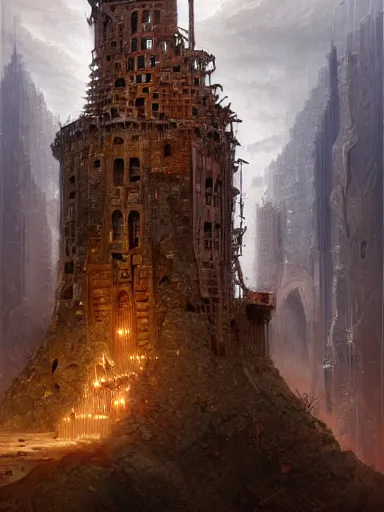 Prompt: crumbling babel tower colapsing. been hit by thunder. intricate, elegant, highly detailed, digital painting, artstation, concept art, sharp focus, illustration, by justin gerard and artgerm, 8 k