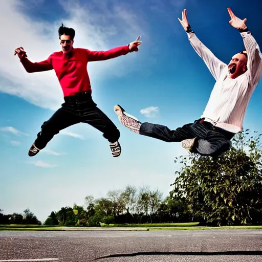 Prompt: two men jumping for joy, park in background, long shot, 1 / 1 0 0 0 sec shutter speed, fashion photography from vogue magazine