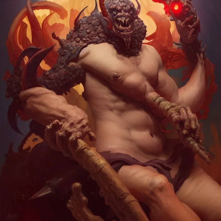 Image similar to excellent painted portrait of the grand demon tyrant, character artwork, abyssal monster, 8k resolution artwork, trending on artstation, detailed oil painting portrait, art by artgerm and greg rutkowski and alphonse mucha and craig mullins and James Jean and Andrei Riabovitchev and Marc Simonetti and peter mohrbacher