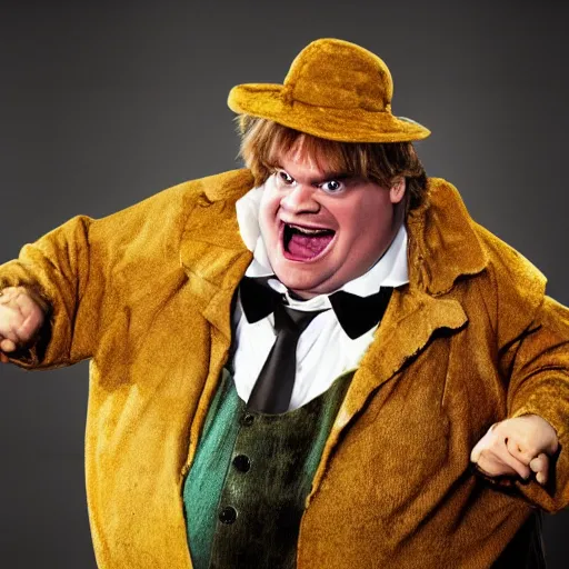 Image similar to snl chris farley as the cowardly lion of oz, studio poster photography, trending on artstation, featured on deviantart, award winning costume