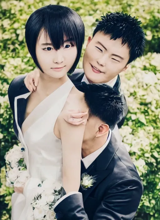 Image similar to saitama one punch man instagram couple's wedding photo shoot, closeup photo