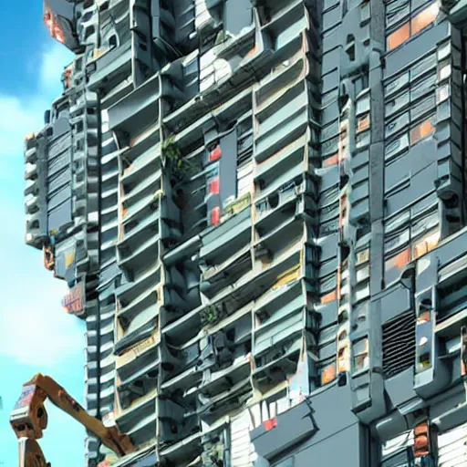 Image similar to people living inside giant robots look like apartment buildings, robots move on tank tracks, sci fi, anime