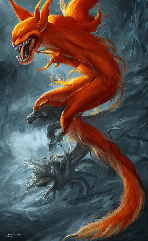 Image similar to venom as the nine tailed fox, kurama, dynamic lighting, photorealistic dark fantasy concept art, trending on art station, stunning visuals, creative, cinematic, ultra detailed