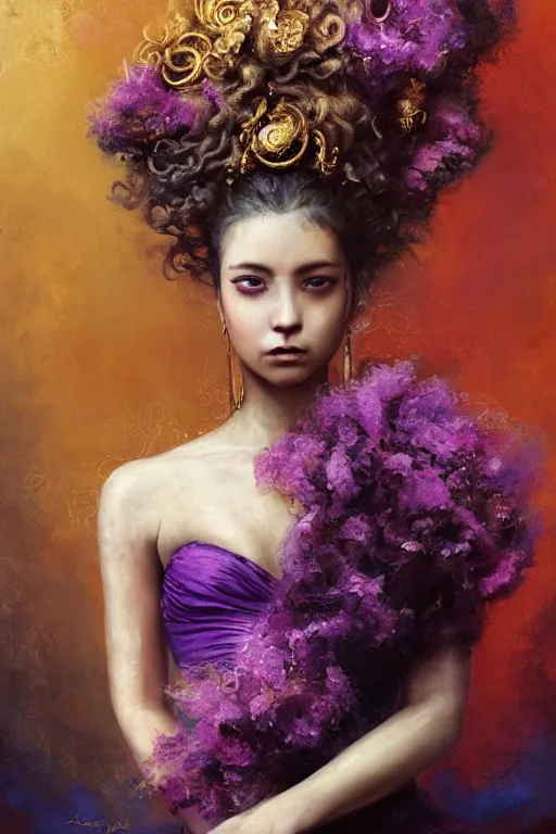 Image similar to an epic painting of a 19 years old girl figure, curly messy high bun hairstyle, whimsically designed oriental tattoos, subject wearing a gold and ruby high fashion gown, flowing, ornate, beautiful, forbidden beauty, dramatic earth colors, with few vivid purple highlights, by Jeremy Mann and Greg Rutkowski, trending on Artstation, Pixiv, oil on canvas