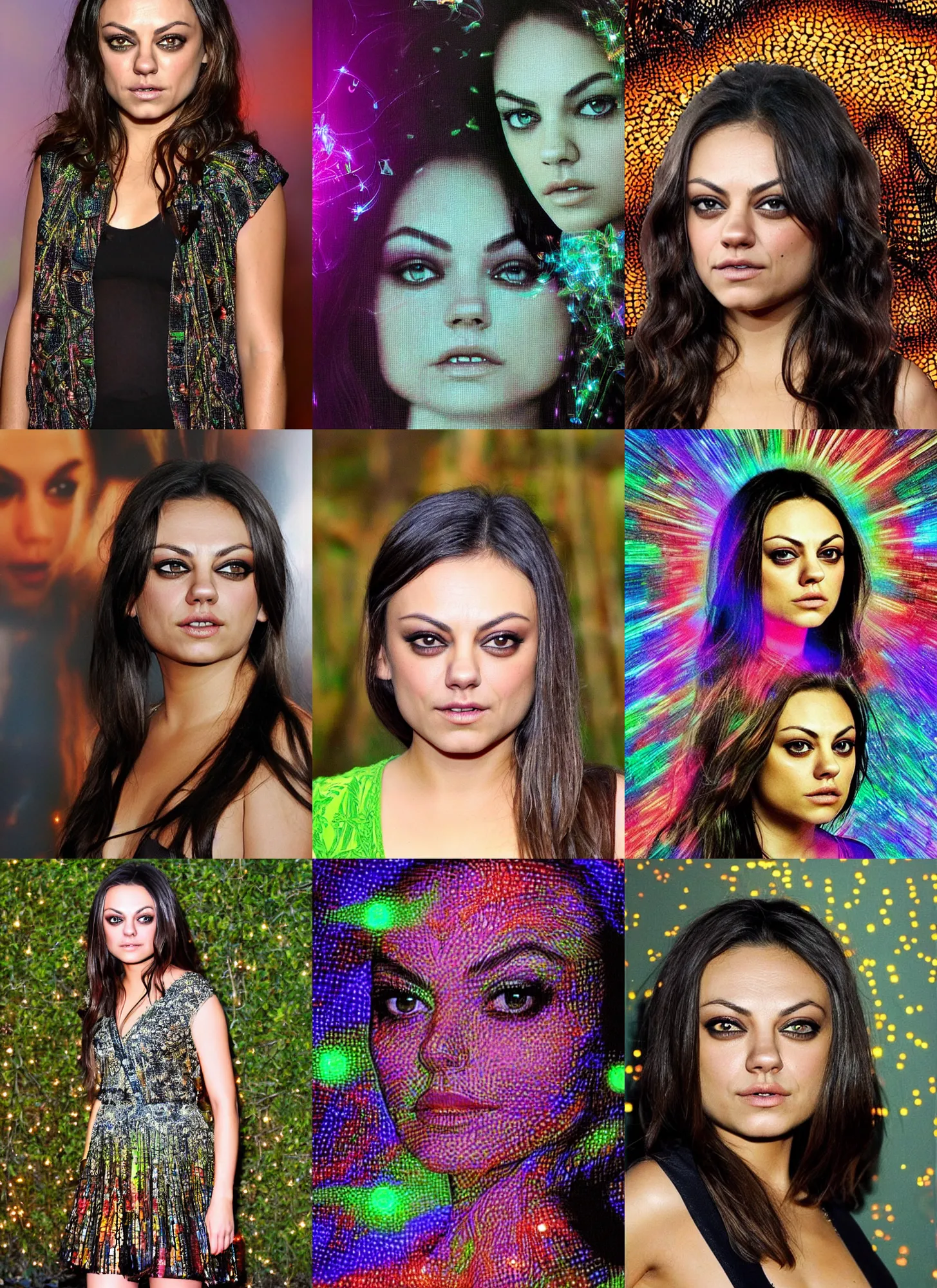 Prompt: beautiful mila kunis consisting of sun - ray light beams creating an glowing image of, fireflies, lsd, trippy, intricate