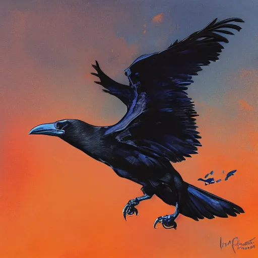 Image similar to indigo raven in flight with one skull in the background with a splash of deep orange greg rutkowski