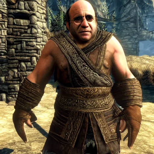 Image similar to Danny DeVito in Skyrim, 4k HDR