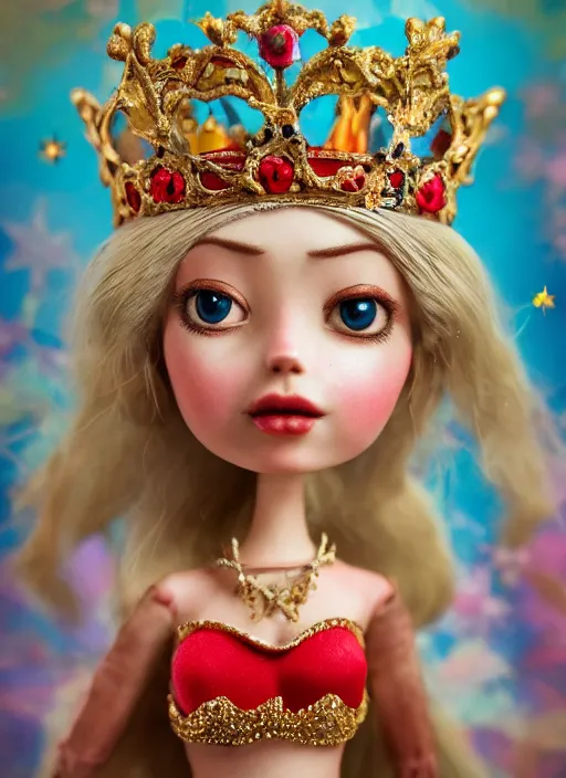 Image similar to closeup profile portrait of tin toy fairytale princess wearing a crown, bikini, depth of field, zeiss lens, detailed, symmetrical, centered, fashion photoshoot, by nicoletta ceccoli, mark ryden, lostfish, breathtaking, 8 k resolution, extremely detailed, beautiful, establishing shot, artistic, hyperrealistic, octane render
