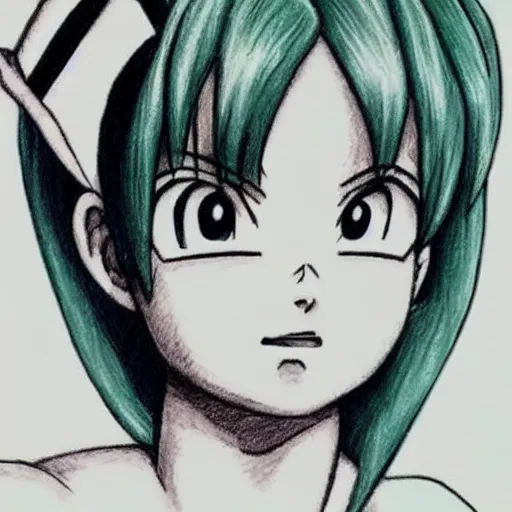 Prompt: hyper realistic drawing of bulma from dragonball z.