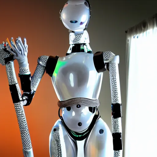 Image similar to weird humanoid robot juggling 5 clubs, glamour shot