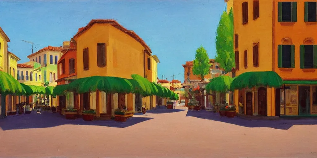 Prompt: calm italian street with green trees and icecream shop in the style of Edward Hopper