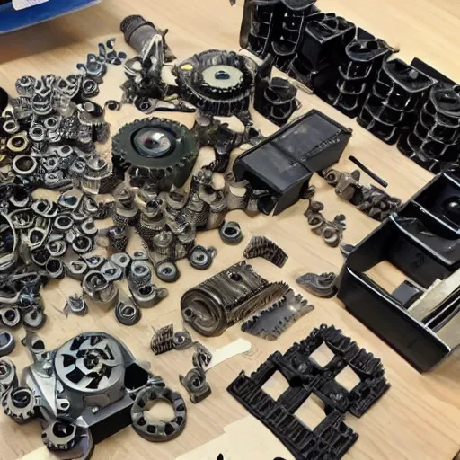 Image similar to knolling cogs and machine parts and a robotic beetle dissected