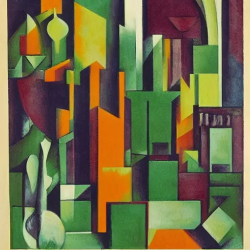 Image similar to forest green funereal by andre lhote. collage. a cityscape. the different colors & shapes represent different parts of the city.