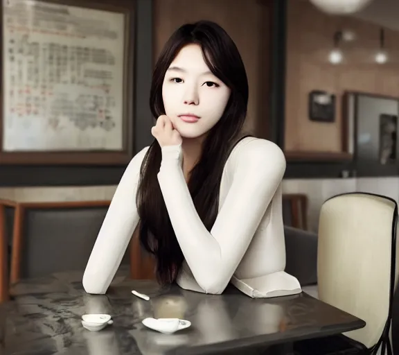 Prompt: stunning young adult korean woman in a coffee shop wearing low poly, glossy white armor, mark arian