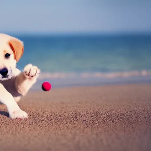 Image similar to cute puppy playing with a tennis ball at the beach, photo shoot, realistic, cinematic