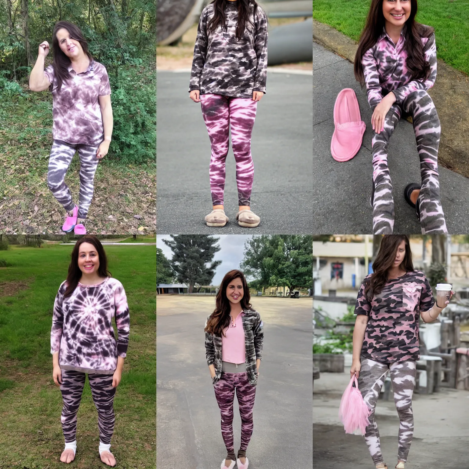 Prompt: a woman with brown hair wearing dark grey camo leggings, a pink and white tie dye shirt, and slippers