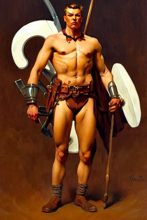Prompt: warrior, attractive male, character design, painting by j. c. leyendecker, gaston bussiere, frank frazetta, tom of finland, trending on artstation