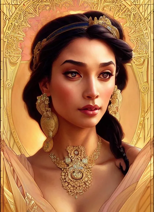 Image similar to portrait of princess jasmine, intricate, elegant, highly detailed, my rendition, digital painting, artstation, concept art, smooth, sharp focus, illustration, art by artgerm and greg rutkowski and alphonse mucha and uang guangjian and gil elvgren and sachin teng, symmetry!!