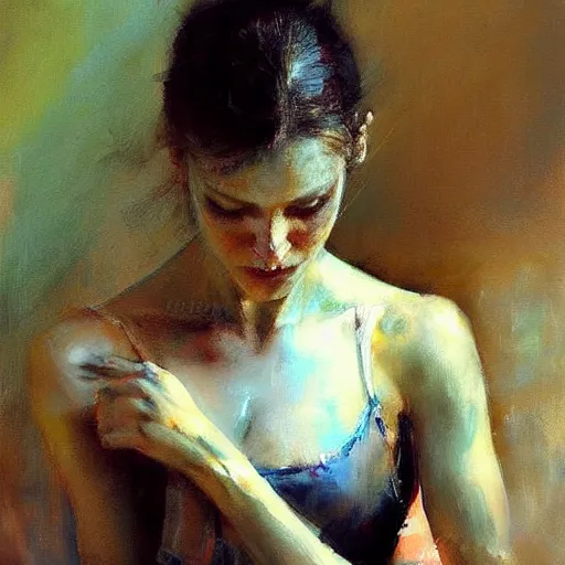 Prompt: A beautiful ballet dancer with makeup crying expression detailed painting beautiful artwork by jeremy mann